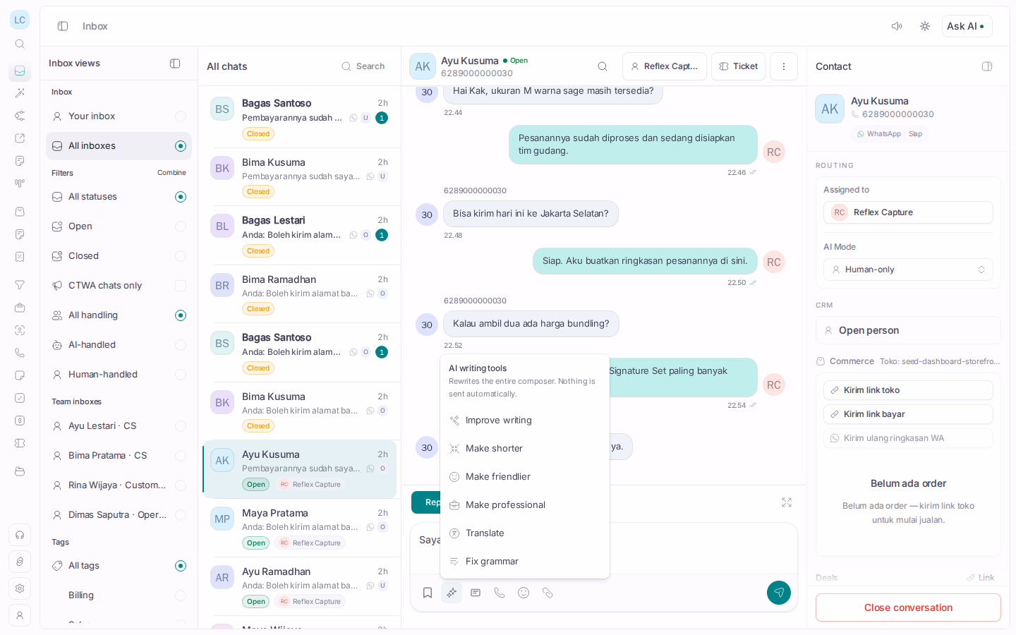 Wazapin Inbox writing tools with Improve writing, Make shorter, and Fix grammar