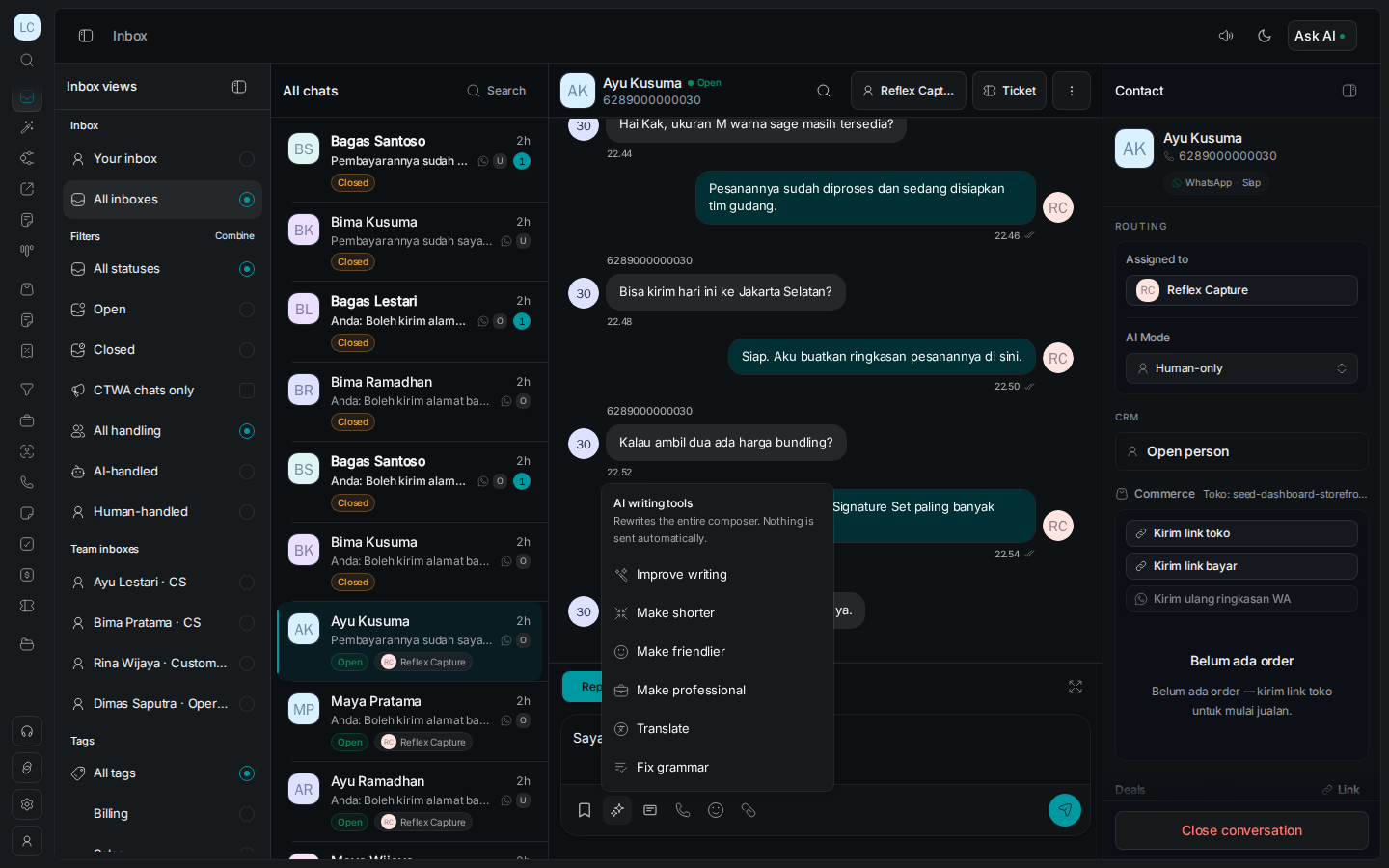 Wazapin Inbox writing tools with Improve writing, Make shorter, and Fix grammar