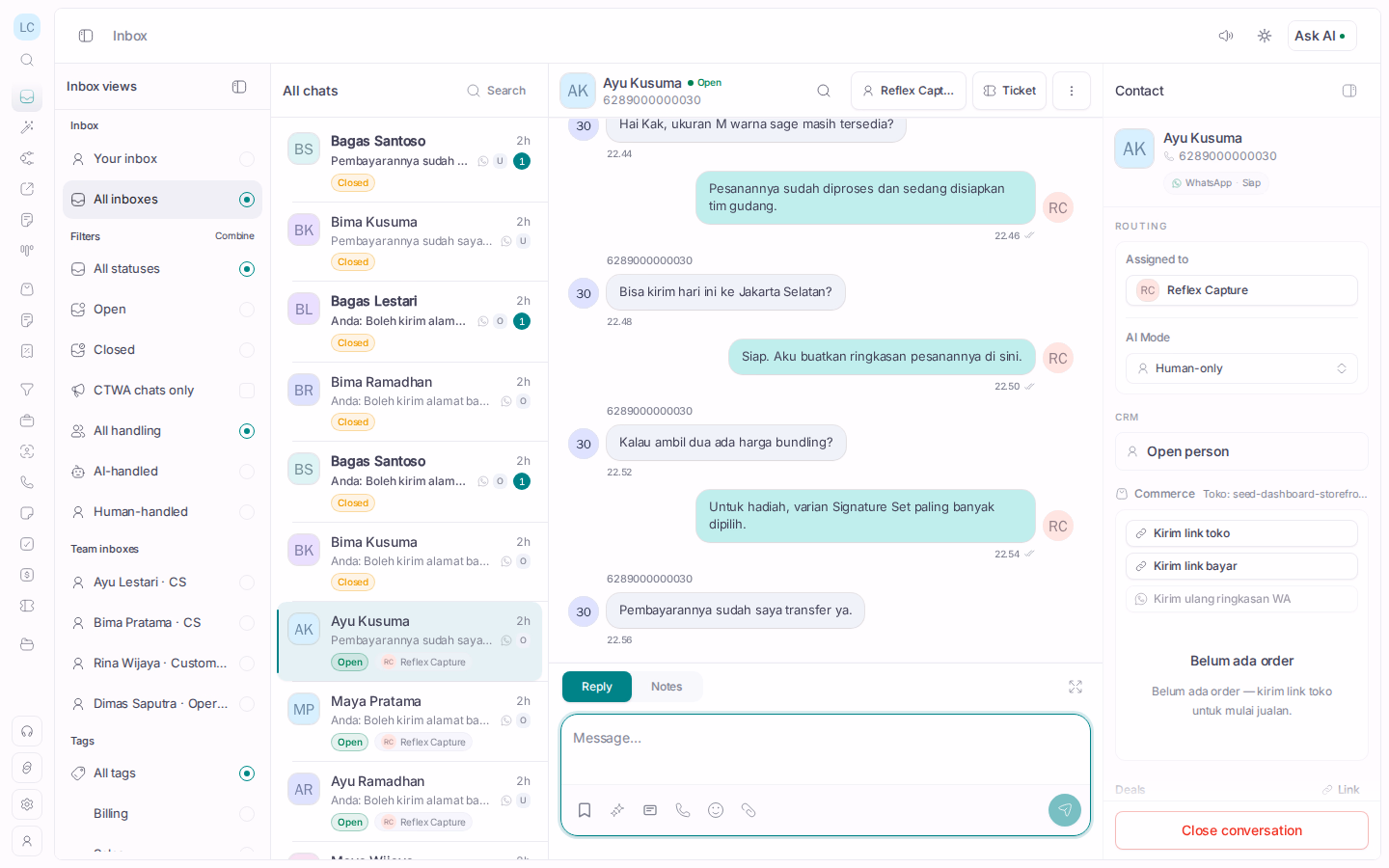 Wazapin Inbox showing customer messages and AI replies in chat bubbles
